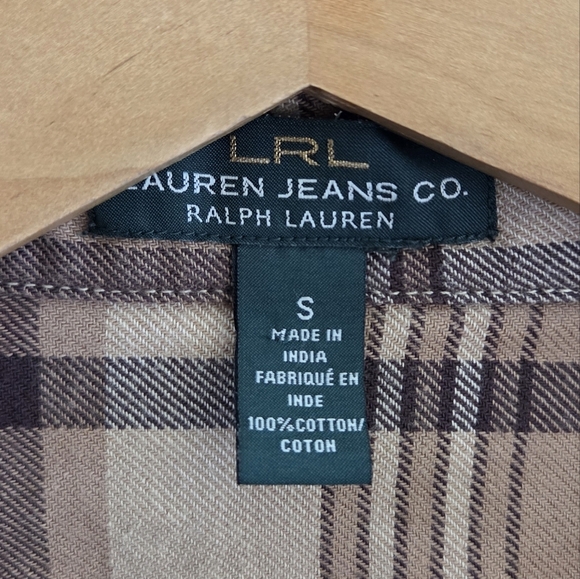 LRL Lauren Jeans Co | Tan Plaid Flannel Button Front Shirt Size Small - Picture 2 of 4